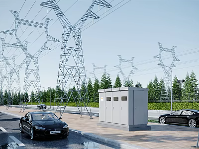 High Voltage Transmission Towers And Roadside Distribution Cabinets As Industrial Electrical Equipment With Trees 3d model