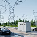 High Voltage Transmission Towers And Roadside Distribution Cabinets As Industrial Electrical Equipment With Trees