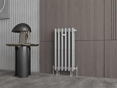 White Radiator In Modern Interior With Wooden Wall Black Side Table And Gray Floor 3d model