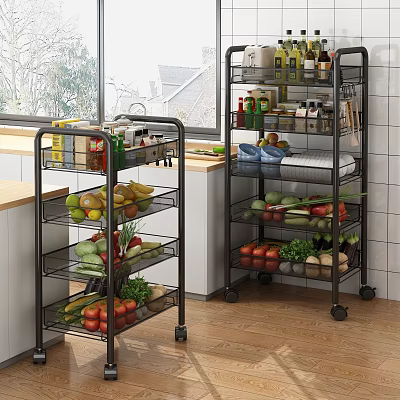 Multi Tiered Metal Wheeled Storage Rack For Kitchen Fruits Vegetables And Spices 3d model
