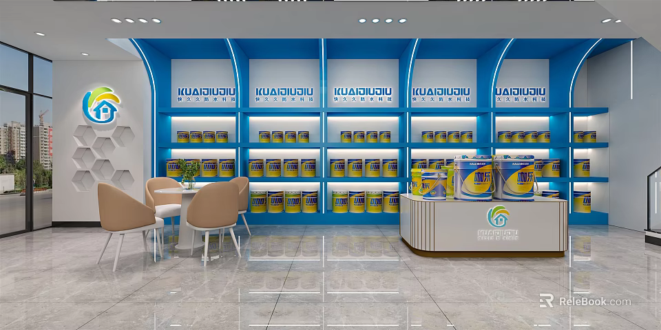 HUAMIAO Store Interior With Blue Display Shelves Yellow Cans And Tables Chairs 3d model 