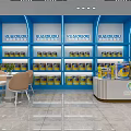 HUAMIAO Store Interior With Blue Display Shelves Yellow Cans And Tables Chairs