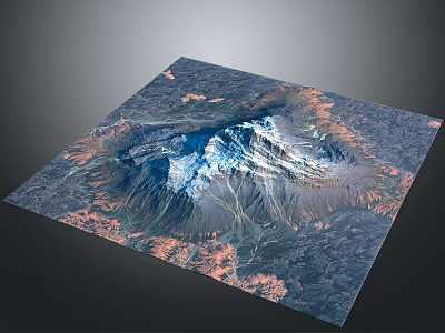 Aerial View of Snow Capped Volcano with Reddish Brown Terrain and Surrounding Landscape 3d model