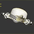 White Woven Hat With Black And White Checkered Band Floral Accent And Ruffled Brim