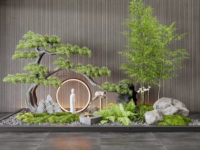 Indoor Landscape Design With Pine Tree Bamboo Circular Arch Stone Greenery And White Statue 3d model