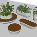 Stylish Outdoor Chairs With Wooden And Concrete Design Circular Rectangular Seats Accompanied By Green Plants