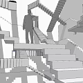 Stairs in Monochrome Abstract Maze like Structure with Interconnected Geometric Design and Human Silhouette