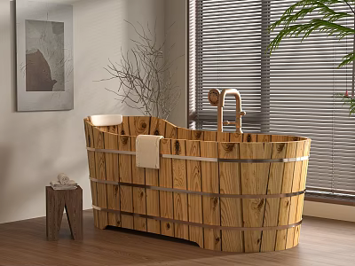 Natural Wooden Bathtub Interior With Slatted Design Small Stool And Window 3d model