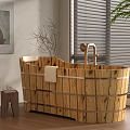 Natural Wooden Bathtub Interior With Slatted Design Small Stool And Window
