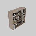Modern Ceramic Mugs With Various Designs Displayed On Wooden Shelf For Home Decor