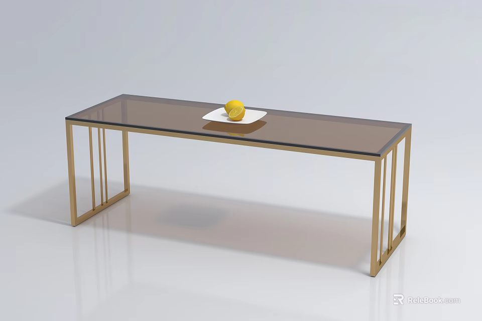Rectangular Coffee Table with Glass Top Gold Metal Frame White Plate and Yellow Lemon 3d model 