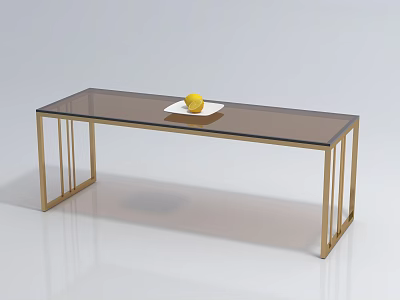 Rectangular Coffee Table with Glass Top Gold Metal Frame White Plate and Yellow Lemon 3d model