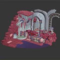 Colorful Cartoon Scene With Pink Brick Staircase Blue Tower And Mechanical Devices