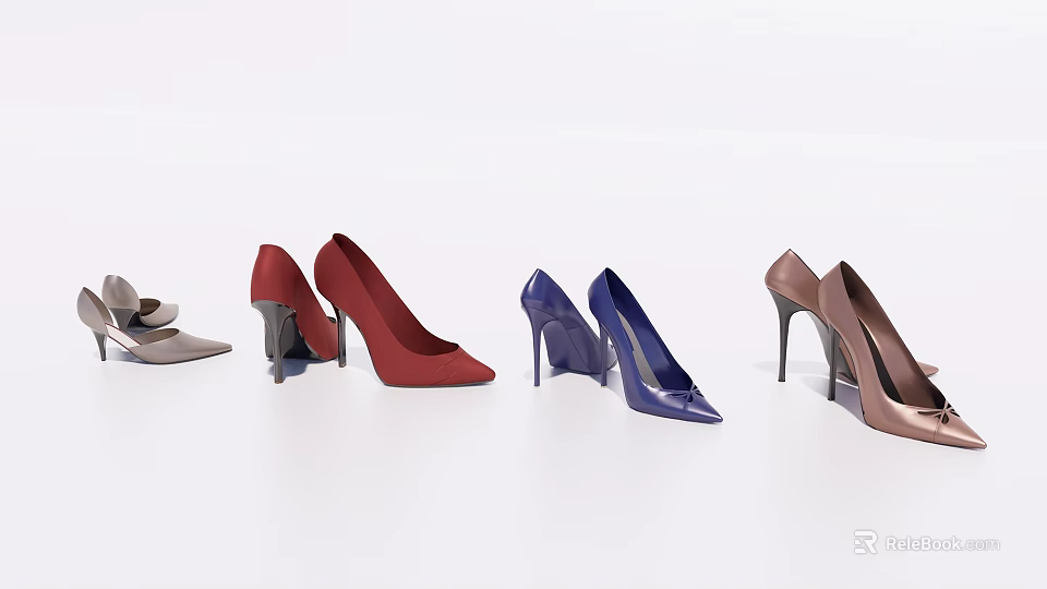 Women's High Heel Shoes In Red Blue Beige And Brown Leather With Pointed Toe Design 3d model 