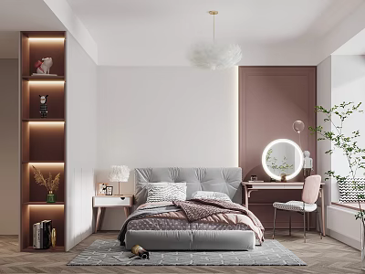 Modern Kids Room Interior With Lit Shelves Bedside Table Pink Chair And Round Mirror 3d model