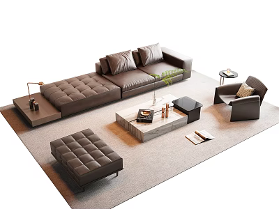Modern Brown Sofa and Coffee Table Set with Ottoman Accent Chair and Decorative Plant 3d model