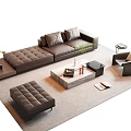 Modern Brown Sofa and Coffee Table Set with Ottoman Accent Chair and Decorative Plant