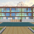 Modern Detached Villa Exterior With Glass Windows Balconies And Snowy Mountain Backdrop
