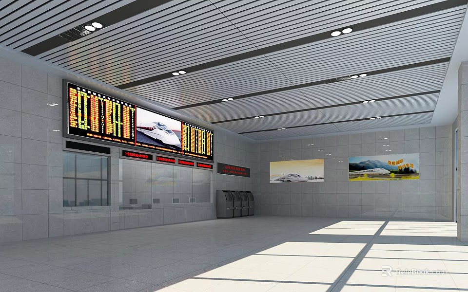 Contemporary Transportation Hub Interior With Digital Information Screens Advertising Posters And Ceiling Lighting Design 3d model 