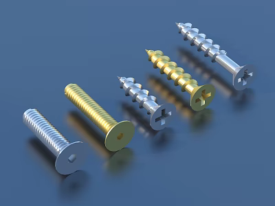 Gold And Silver Metal Screws With Cross Head And Threaded Shaft Design 3d model