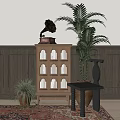 Classic Wooden Decorative Cabinet with Gramophone and Potted Plants Near Wooden Wall