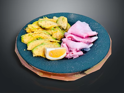 Fresh Avocado Slices with Ham Slices and Sliced Boiled Egg on Blue Plate 3d model