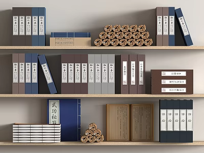 Bookshelf With Various Colored Books Ancient Scrolls Stacked And Upright Volumes For Library Study Decor 3d model