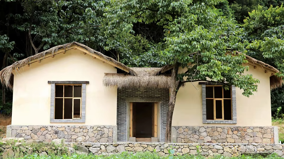 Traditional Rustic Country Cottage With Thatched Roof Stone Wall And Green Trees 3d model 