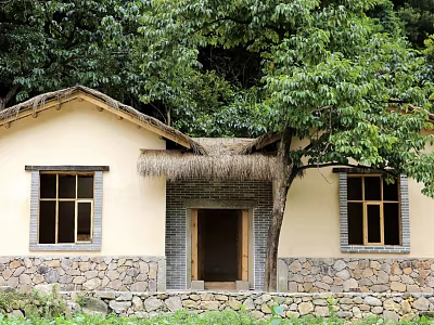 Traditional Rustic Country Cottage With Thatched Roof Stone Wall And Green Trees 3d model
