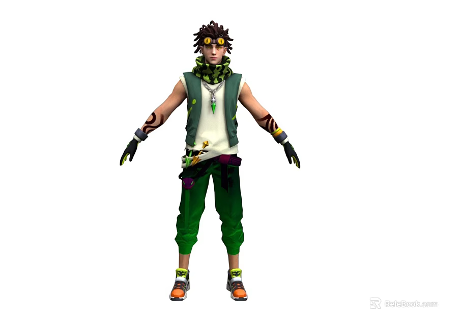 A Stylish Man In Green Pants Vest With Arm Tattoos Yellow Glasses And Scarf 3d model 
