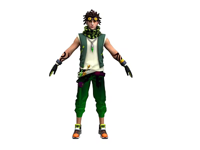 A Stylish Man In Green Pants Vest With Arm Tattoos Yellow Glasses And Scarf 3d model