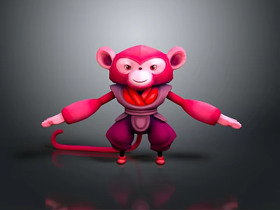 3D Pink Cartoon Monkey Character Model with Purple Outfit and Arms Outstretched 3d model