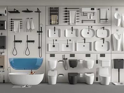 Modern Bathroom Suite With Bathtub Sinks Toilets Showerheads Towel Racks And Shelves 3d model