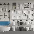 Modern Bathroom Suite With Bathtub Sinks Toilets Showerheads Towel Racks And Shelves
