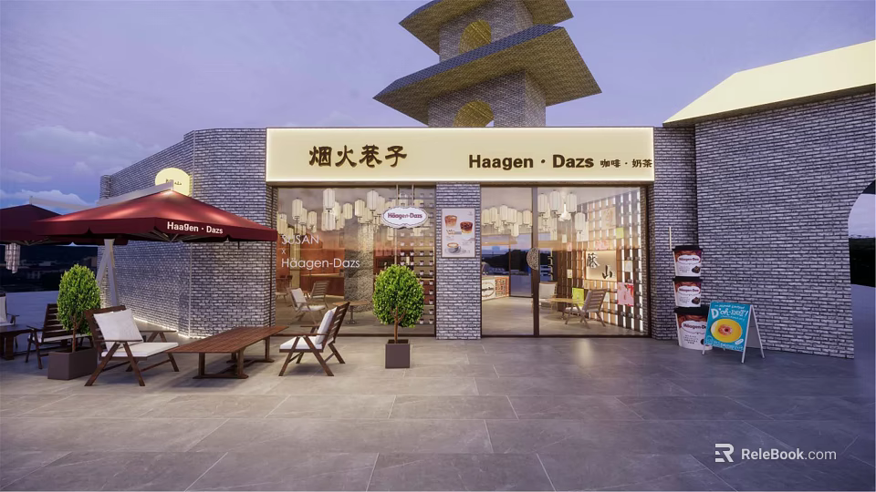 Charming Cafe Exterior Featuring Brick Building Outdoor Seating Glass Windows And Red Umbrella 3d model 