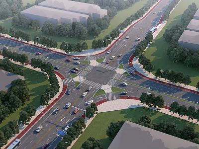 Urban Road Infrastructure At Intersection With Traffic Lanes Green Belts And Street Lamps 3d model