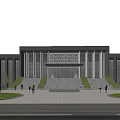 Modern School Building With Large Glass Windows Stone Steps Front Plaza and Green Landscaping