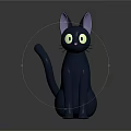 Cartoon Black Cat with Big Yellow Eyes and Purple Ears Sitting and Raising Paw