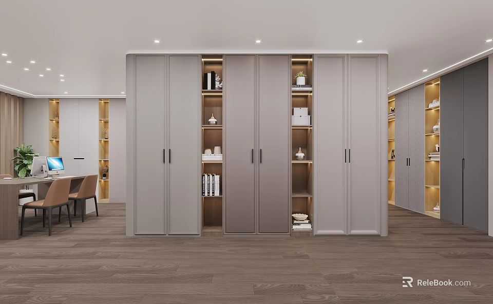 Modern Home Office With Gray Storage Cabinets Open Shelves Books Desk And Chairs 3d model 
