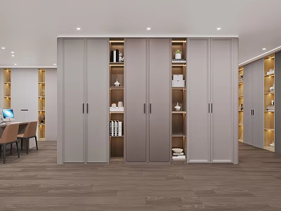 Modern Home Office With Gray Storage Cabinets Open Shelves Books Desk And Chairs 3d model