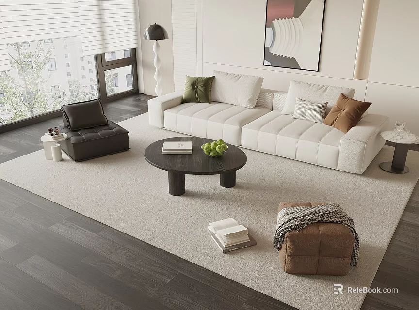 Modern White Sofa With Green Brown Cushions And Black Coffee Table On Gray Rug 3d model 