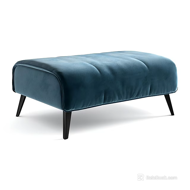 Modern Teal Velvet Ottoman with Black Wooden Legs and Padded Seat for Living Room 3d model 