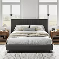 Modern Bedroom Interior With Gray Tufted Headboard White Bedding Beige Throw And Wooden Nightstands