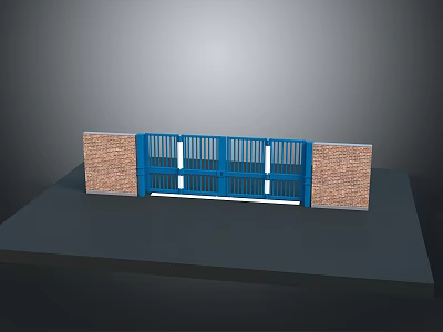 Blue Metal Gate With Brick Wall Sides For Home Entrance Design 3d model