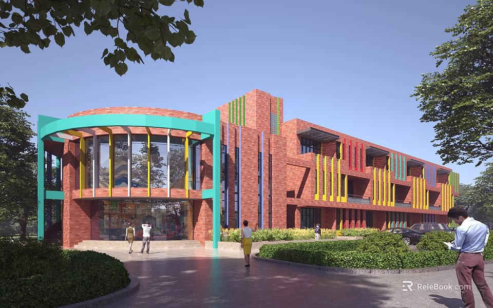 Modern School Building With Red Brick Walls Colorful Stripes Large Windows And Greenery 3d model 