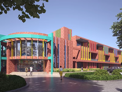 Modern School Building With Red Brick Walls Colorful Stripes Large Windows And Greenery 3d model