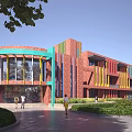 Modern School Building With Red Brick Walls Colorful Stripes Large Windows And Greenery