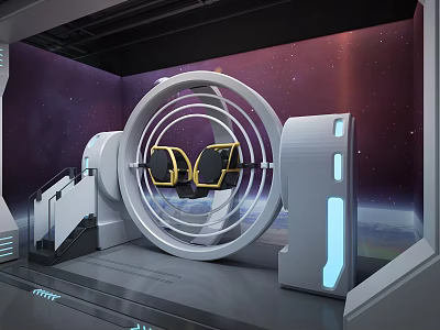 Futuristic Circular Space Themed Device With Yellow Seats And Starry Background 3d model