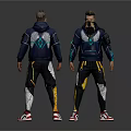 Two Characters Front Back View In Navy Blue Techwear With Bio Inspired Patterns Red White Sneakers 3d model