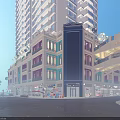 Commercial Street With ART Signage High Rise Building Pedestrian Overpass And Illuminated Storefronts